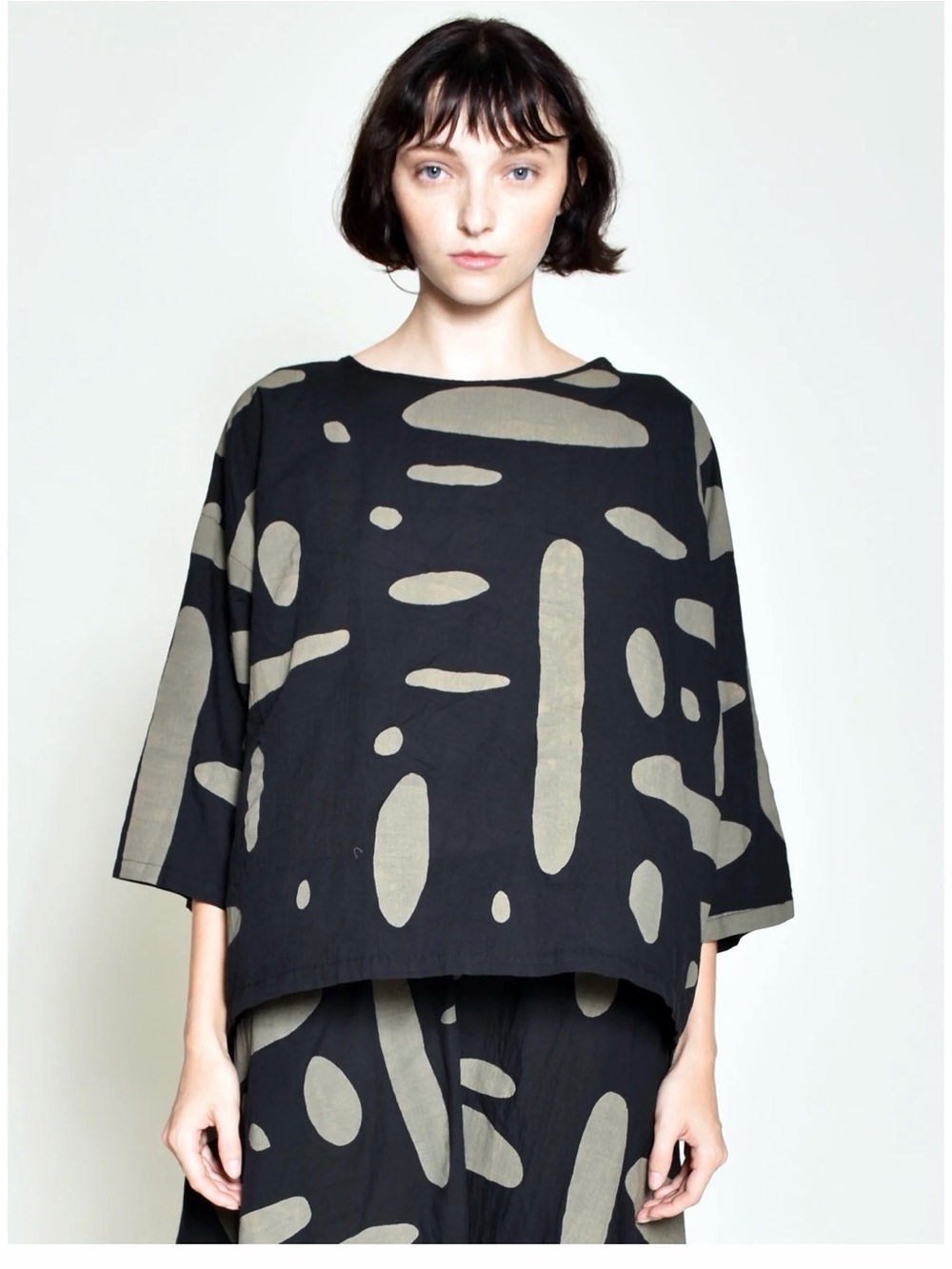 UZI NYC Black Pebble Oversized Cotton Tunic Top Lagenlook Art to Wear One Size